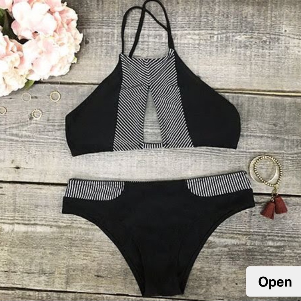 Striped Panel Black Women's High-Neck Bikini